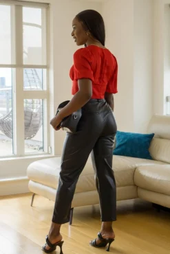 Women Double Second Faux Leather Taper Leg Trousers