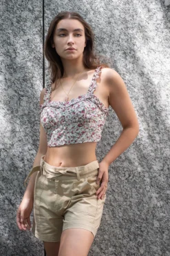 Women Double Second Floral Print Crop Top With Frill Straps