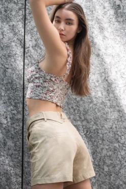 Women Double Second Floral Print Crop Top With Frill Straps