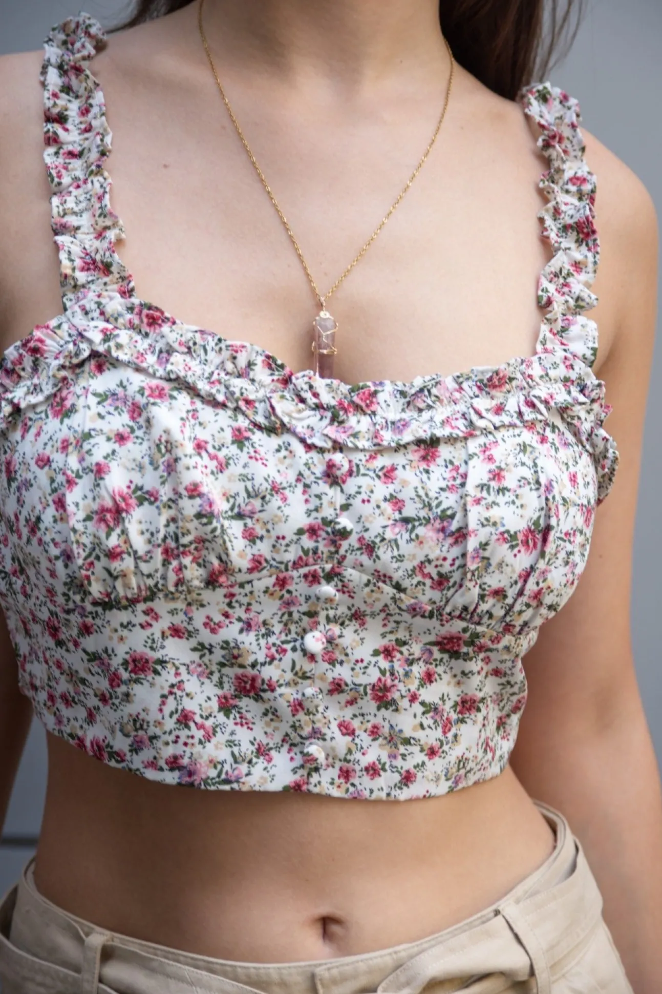 Women Double Second Floral Print Crop Top With Frill Straps