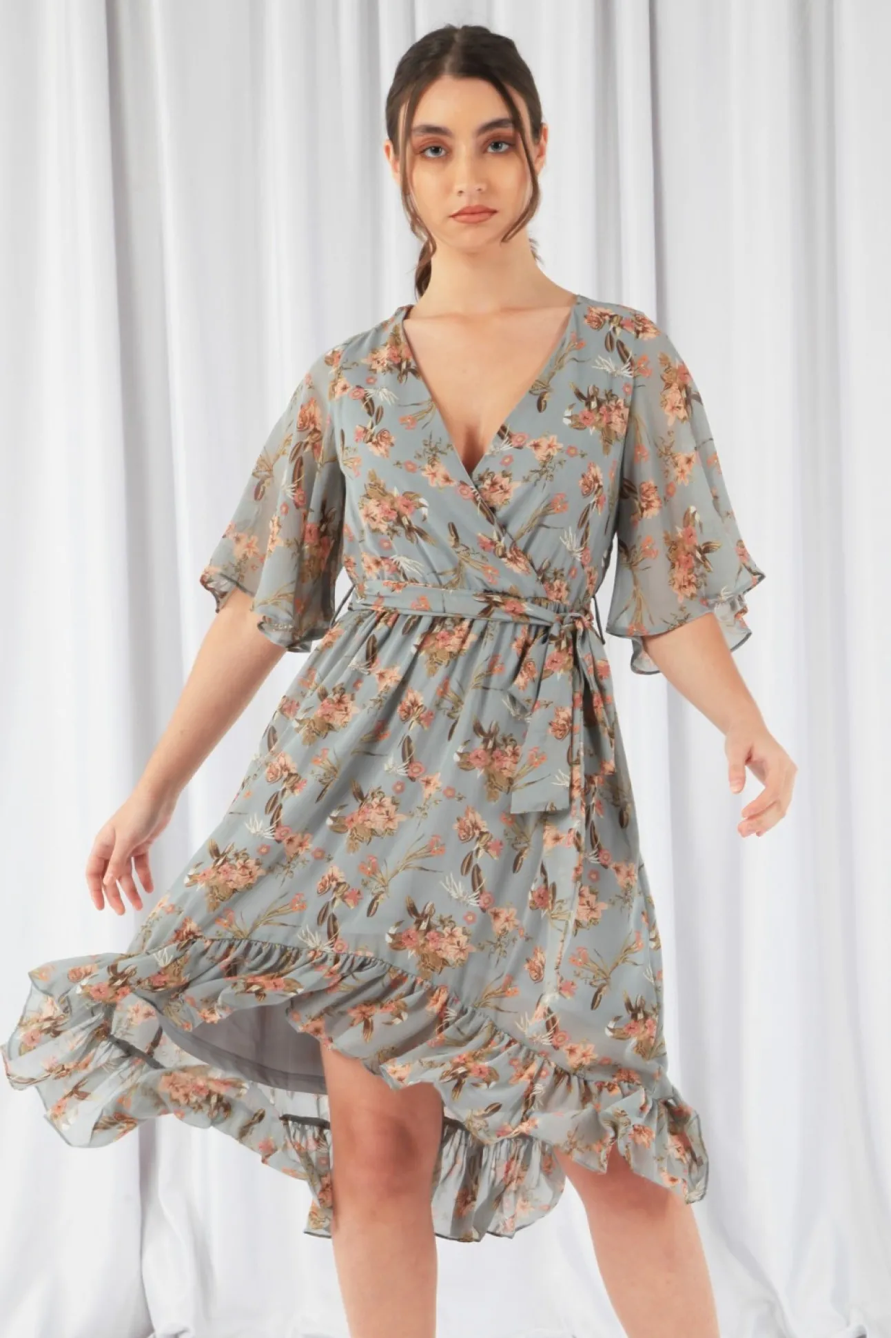 Women Double Second Floral Print Ruffle Midi Wrap Dress