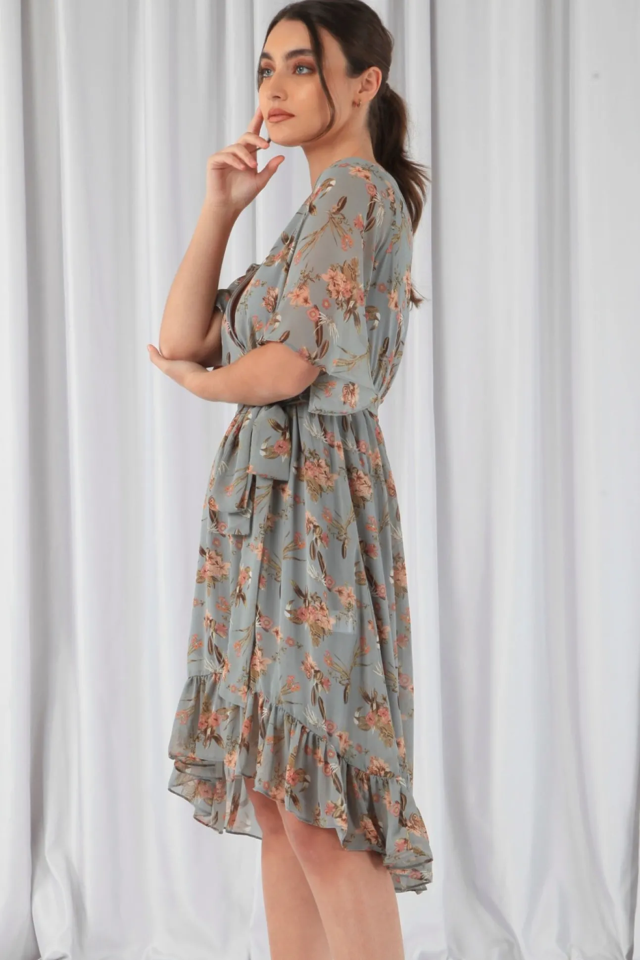 Women Double Second Floral Print Ruffle Midi Wrap Dress