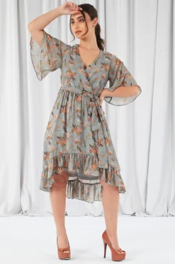 Women Double Second Floral Print Ruffle Midi Wrap Dress