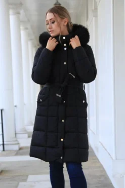 Women Double Second Glam Belted Long Puffer Coat