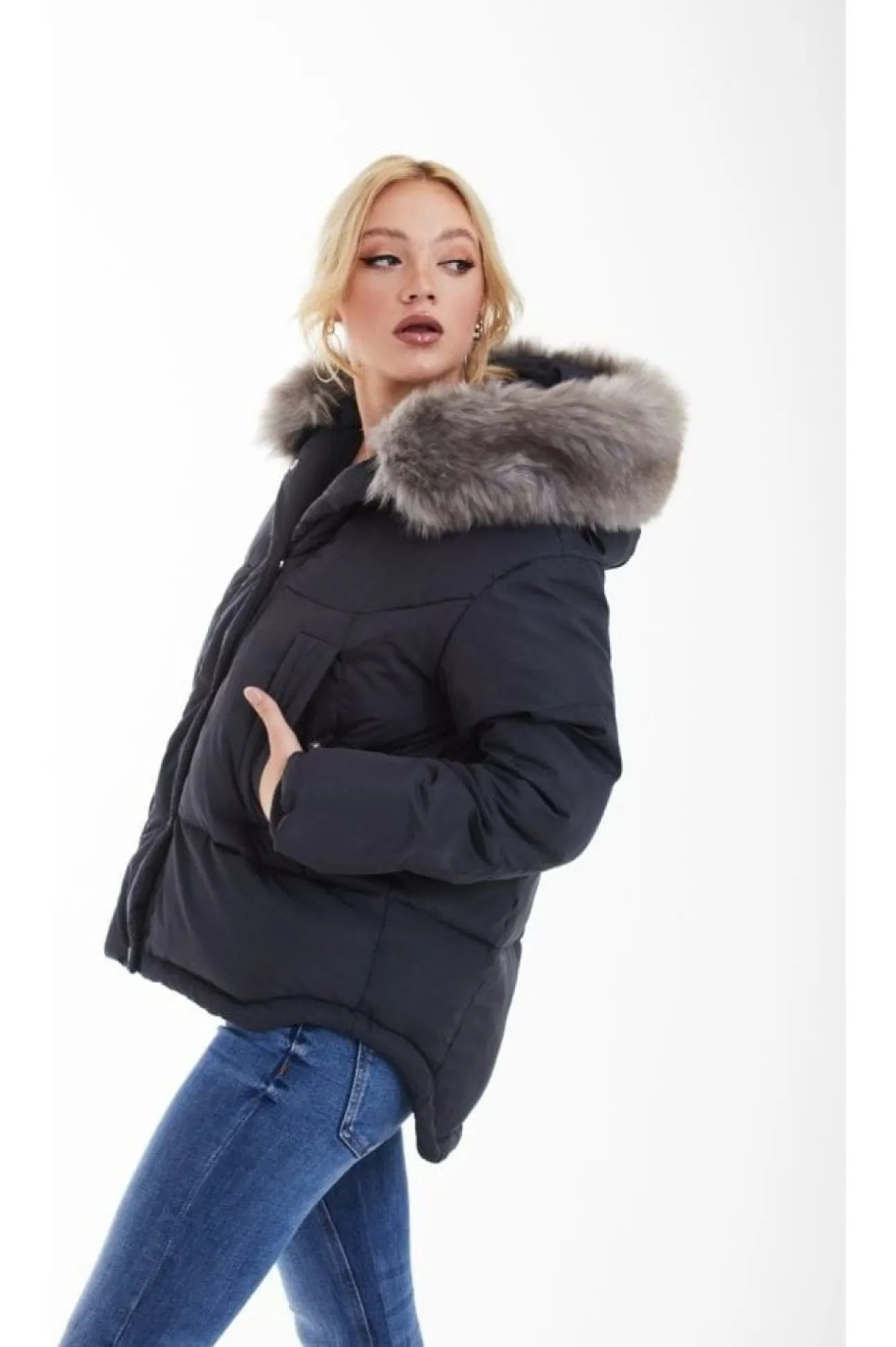 Women Double Second Grey Oversized Dip Back Puffer