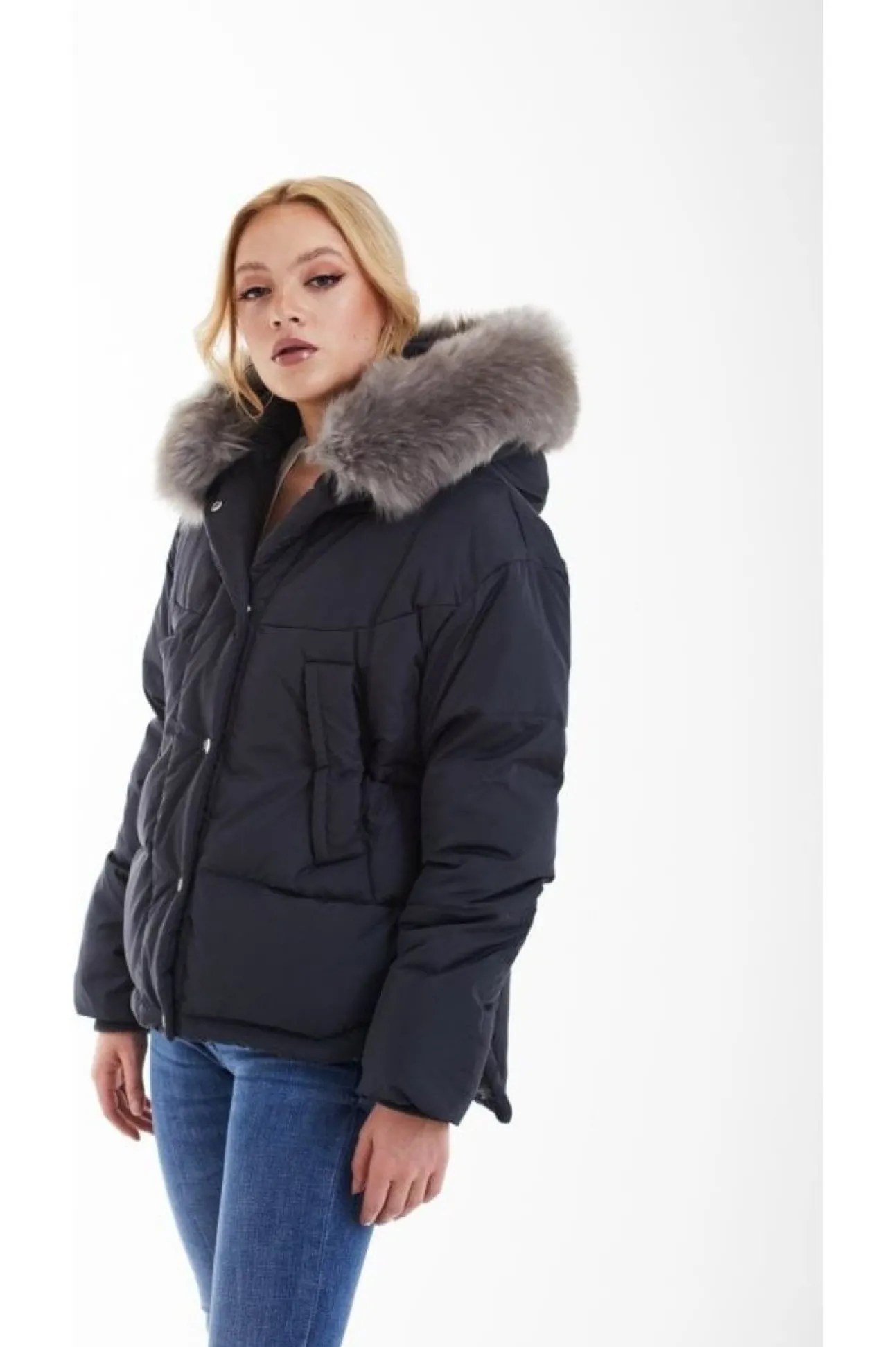Women Double Second Grey Oversized Dip Back Puffer