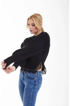 Women Double Second Knit Jumper With Lace Trim