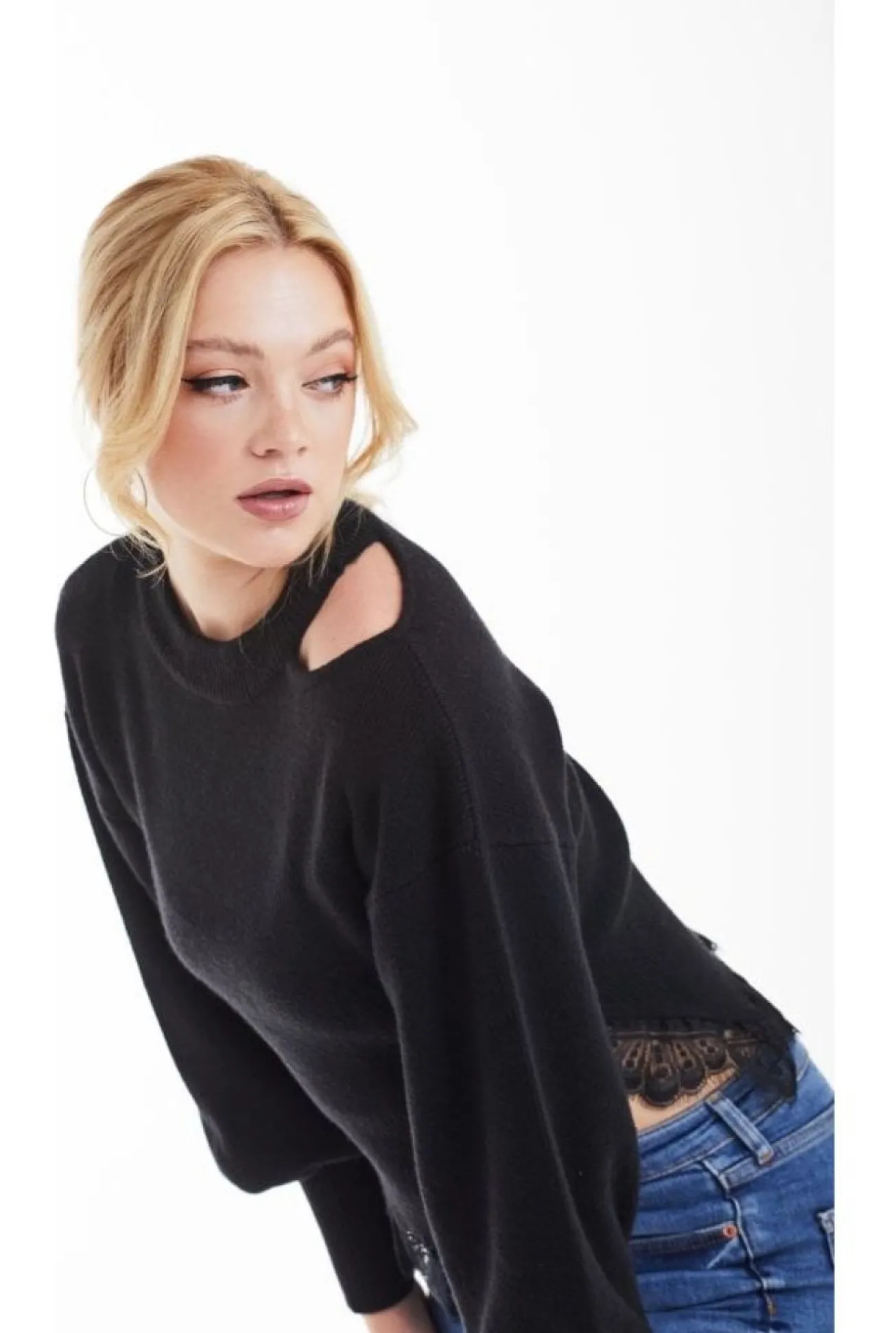 Women Double Second Knit Jumper With Lace Trim