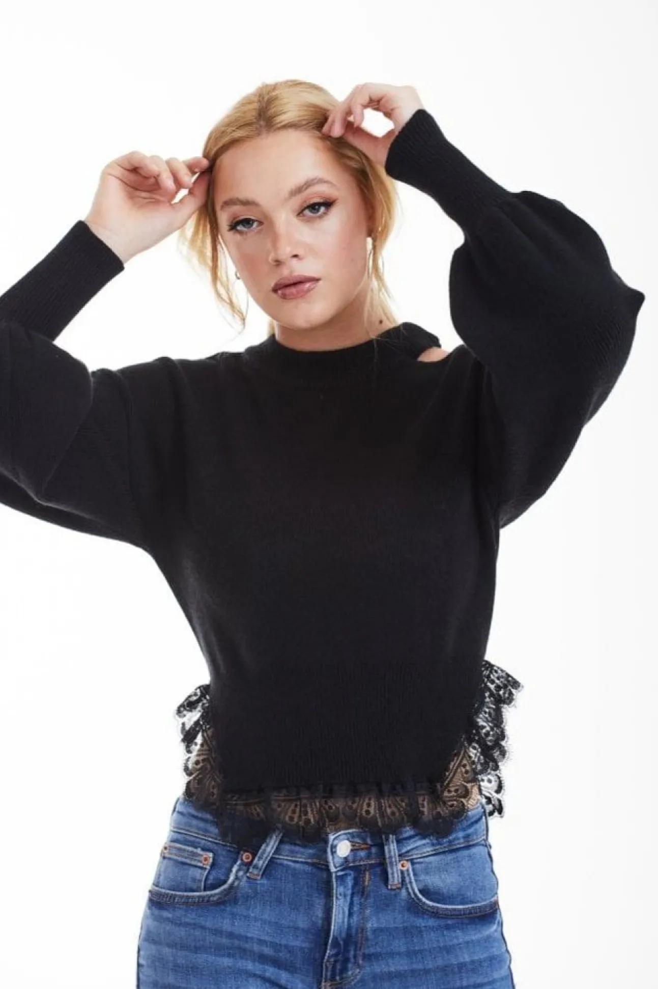 Women Double Second Knit Jumper With Lace Trim