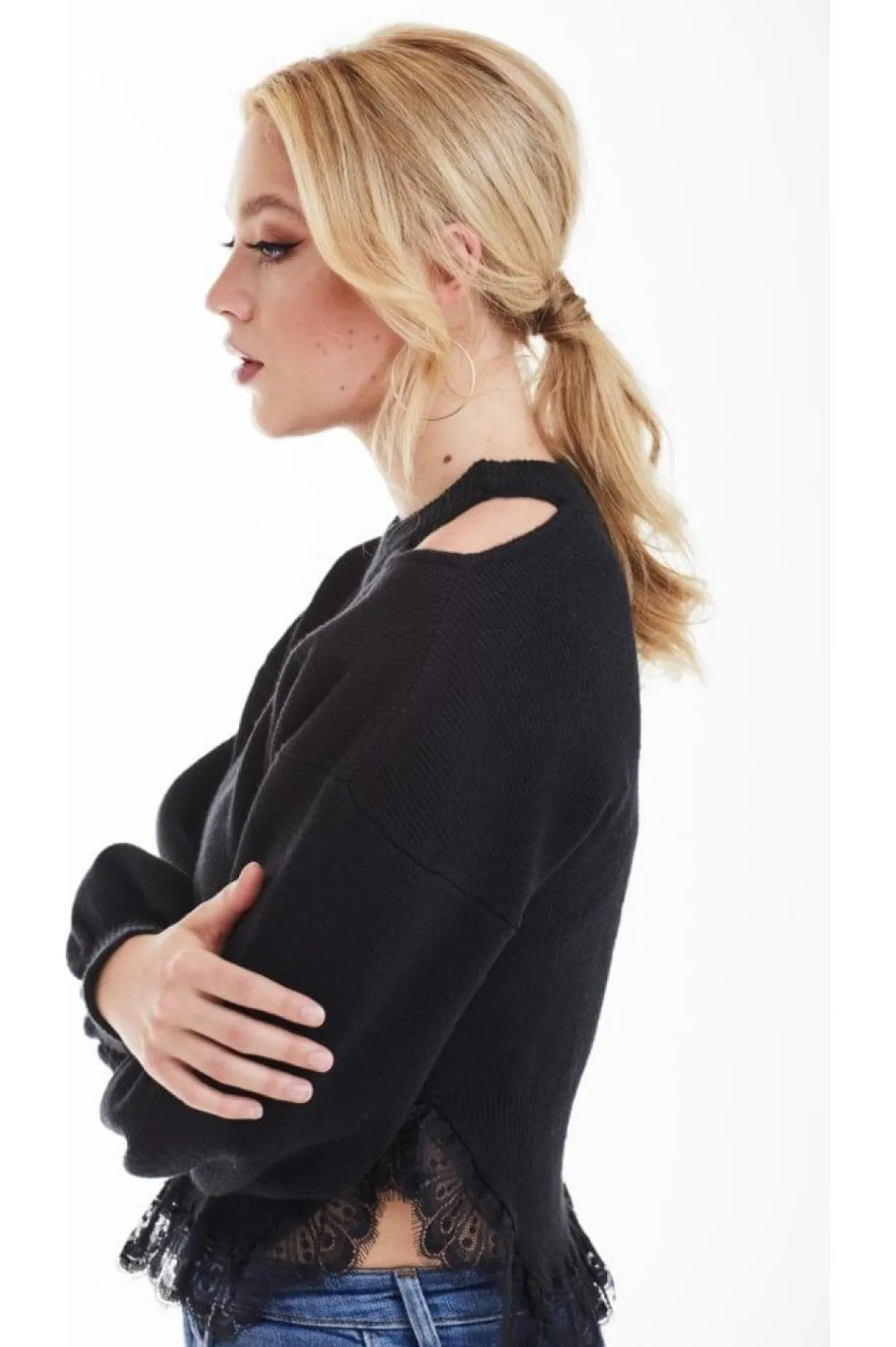 Women Double Second Knit Jumper With Lace Trim