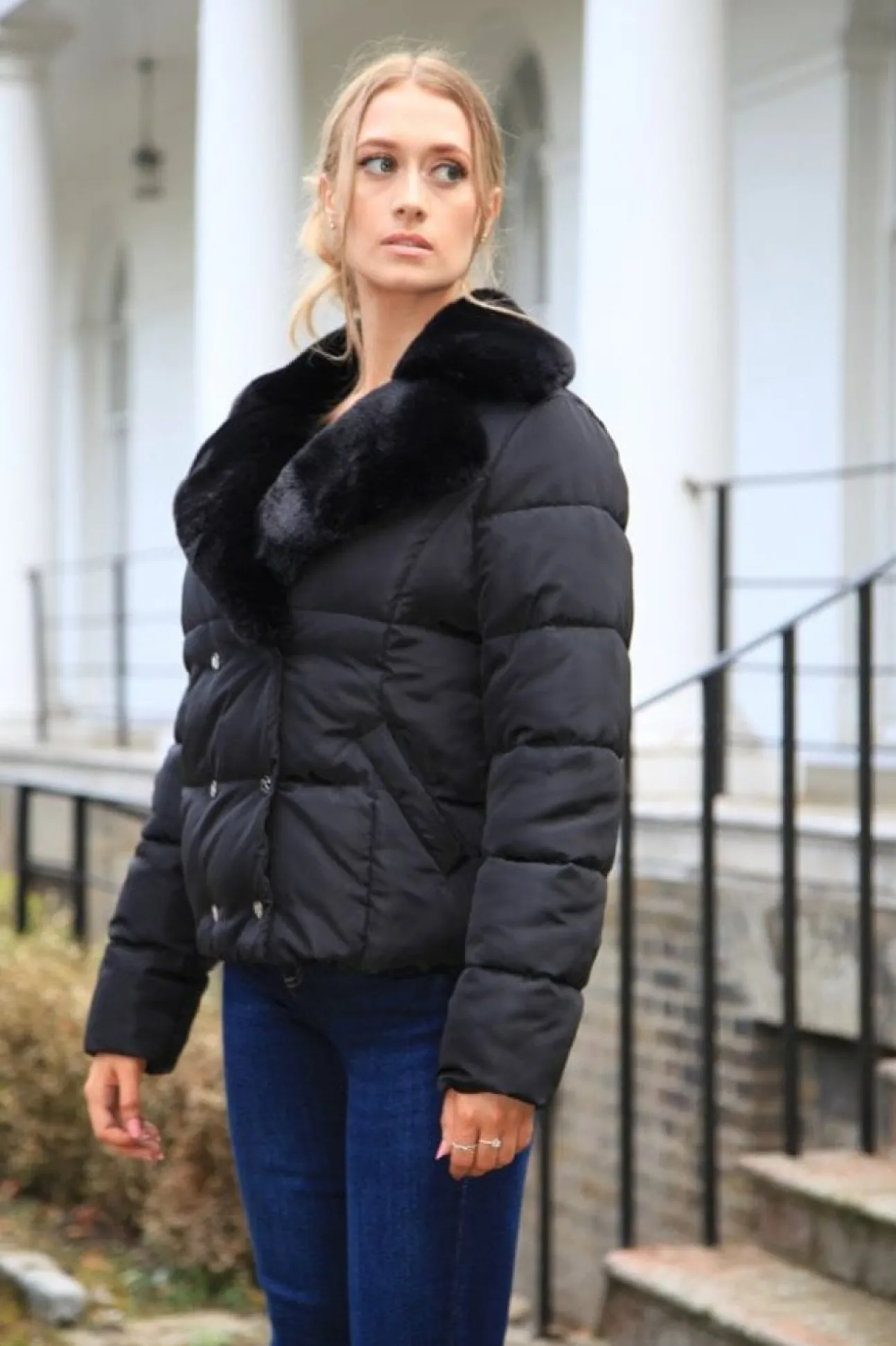 Women Double Second Lux Fur Collar Puffer Coat