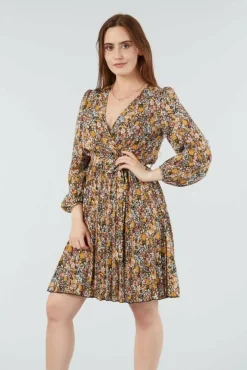 Women Double Second Mix Col Pleated Wrap Dress