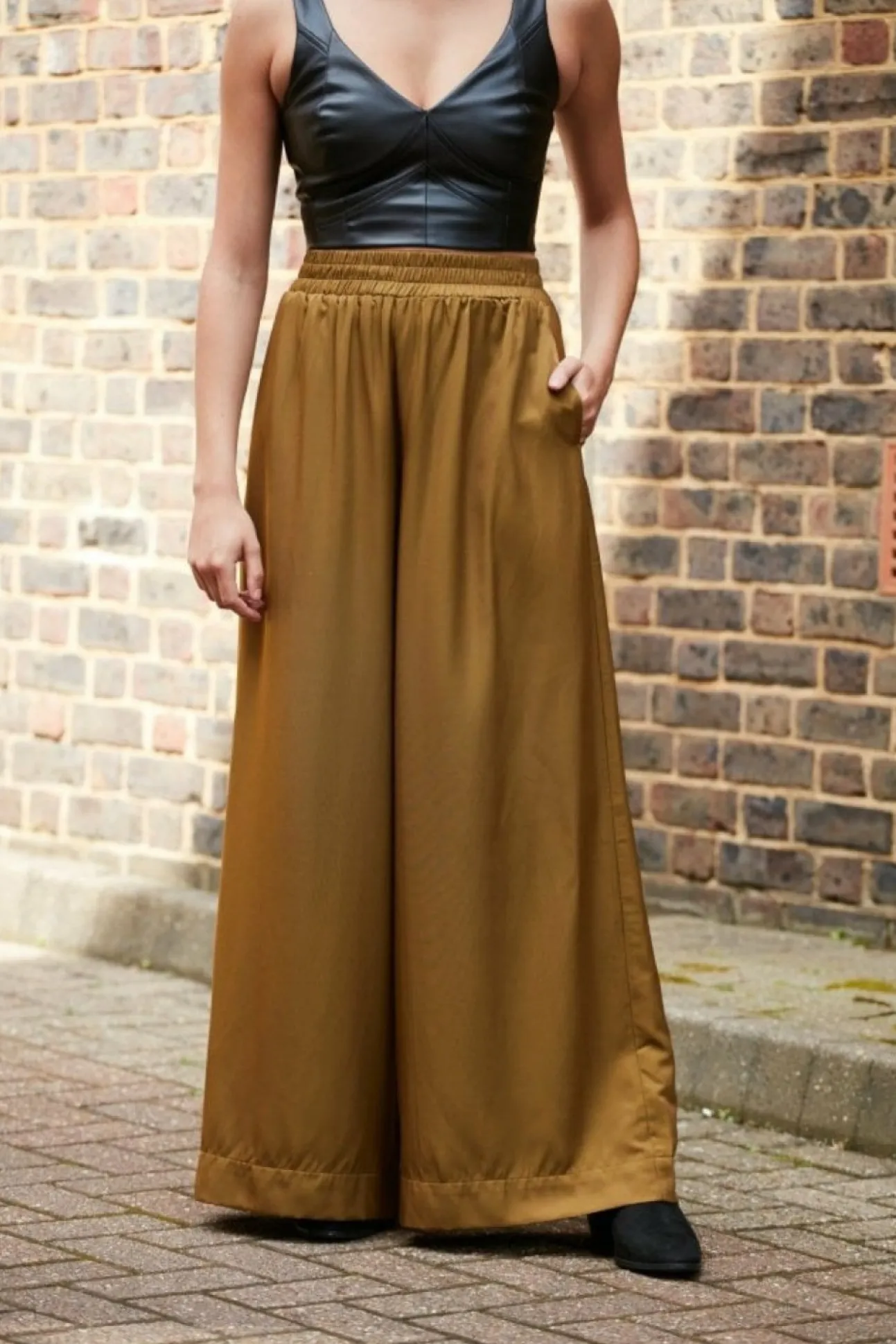 Women Double Second Olive Lux Wide Leg Trousers