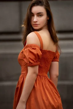 Women Double Second Orange Bardot Ruched Dress