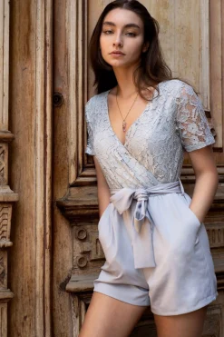Women Double Second Pale Lace Wrap Playsuit