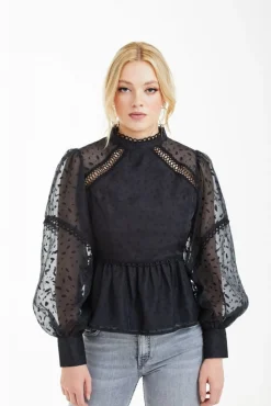 Women Double Second Polka Dot Organza Puff Sleeve Top
