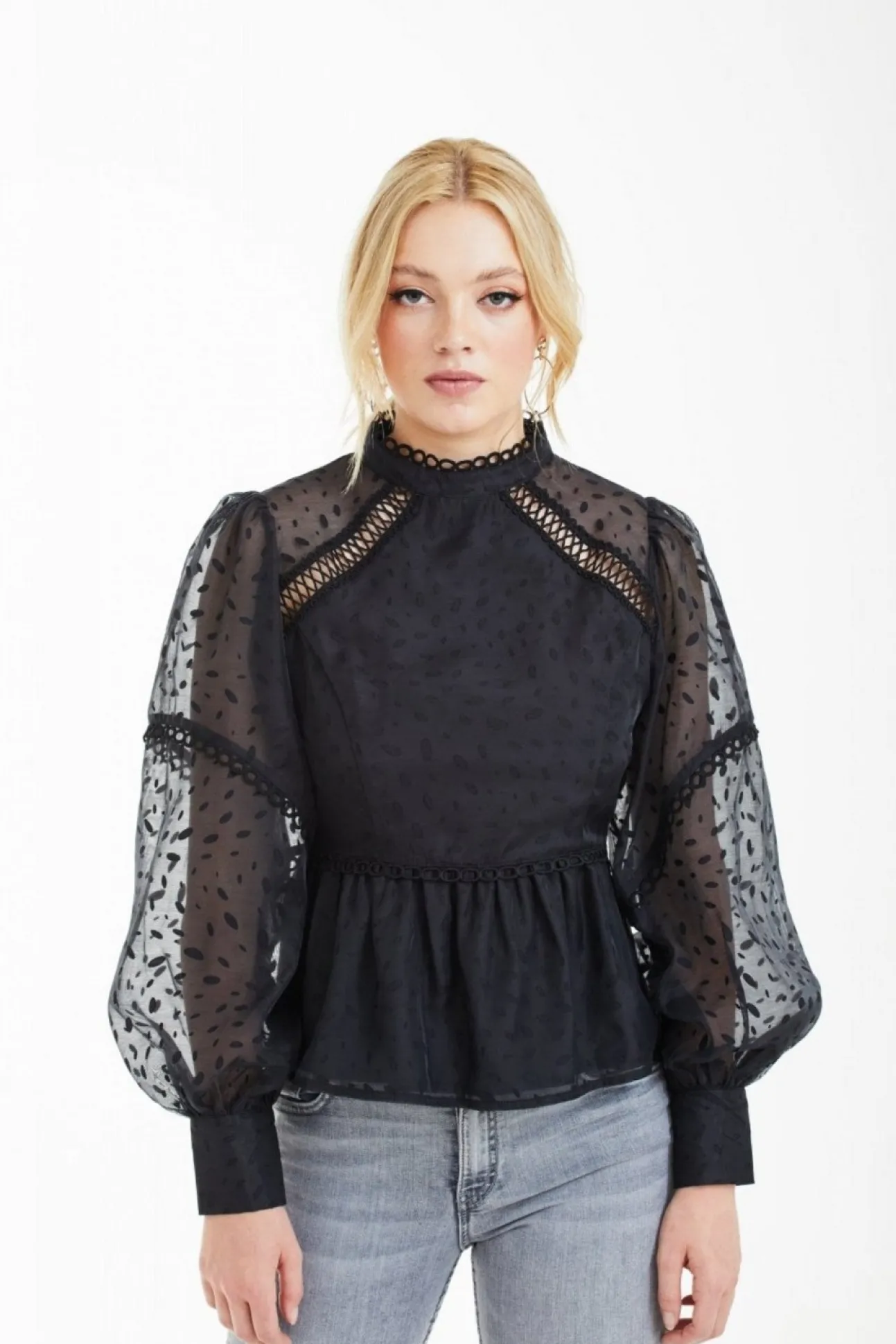 Women Double Second Polka Dot Organza Puff Sleeve Top