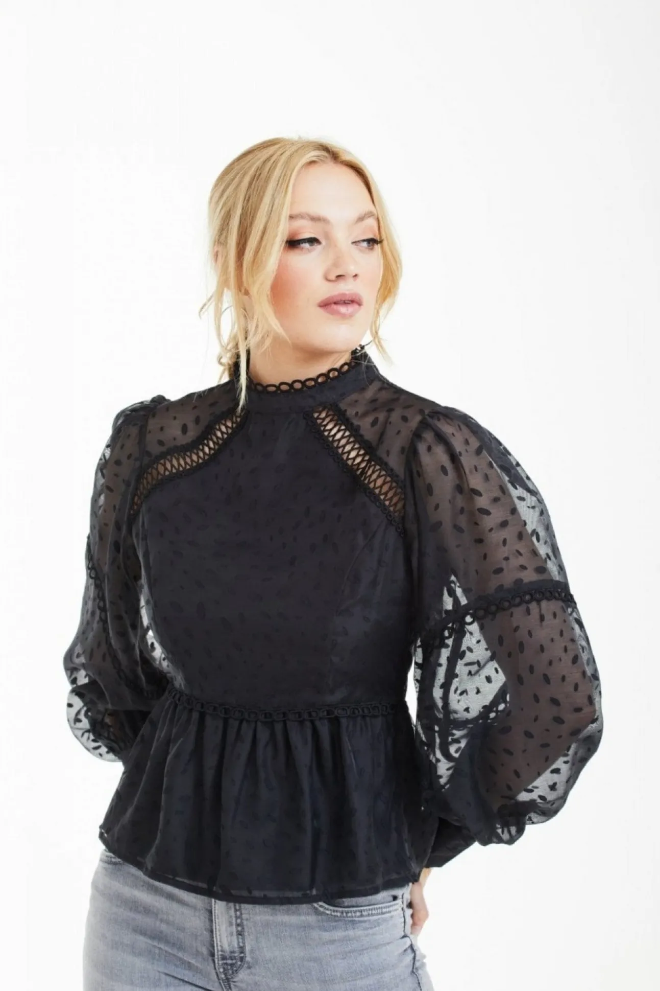 Women Double Second Polka Dot Organza Puff Sleeve Top