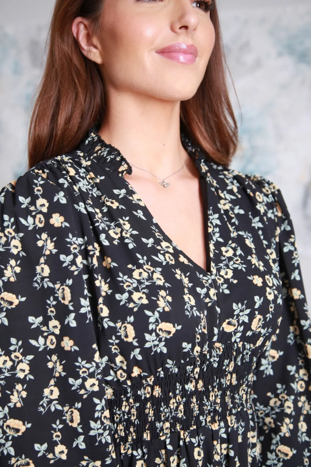 Women Double Second Printed Shirring Waist Dress