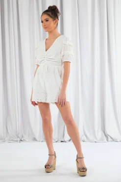 Women Double Second Puff Sleeve Broderie Playsuit
