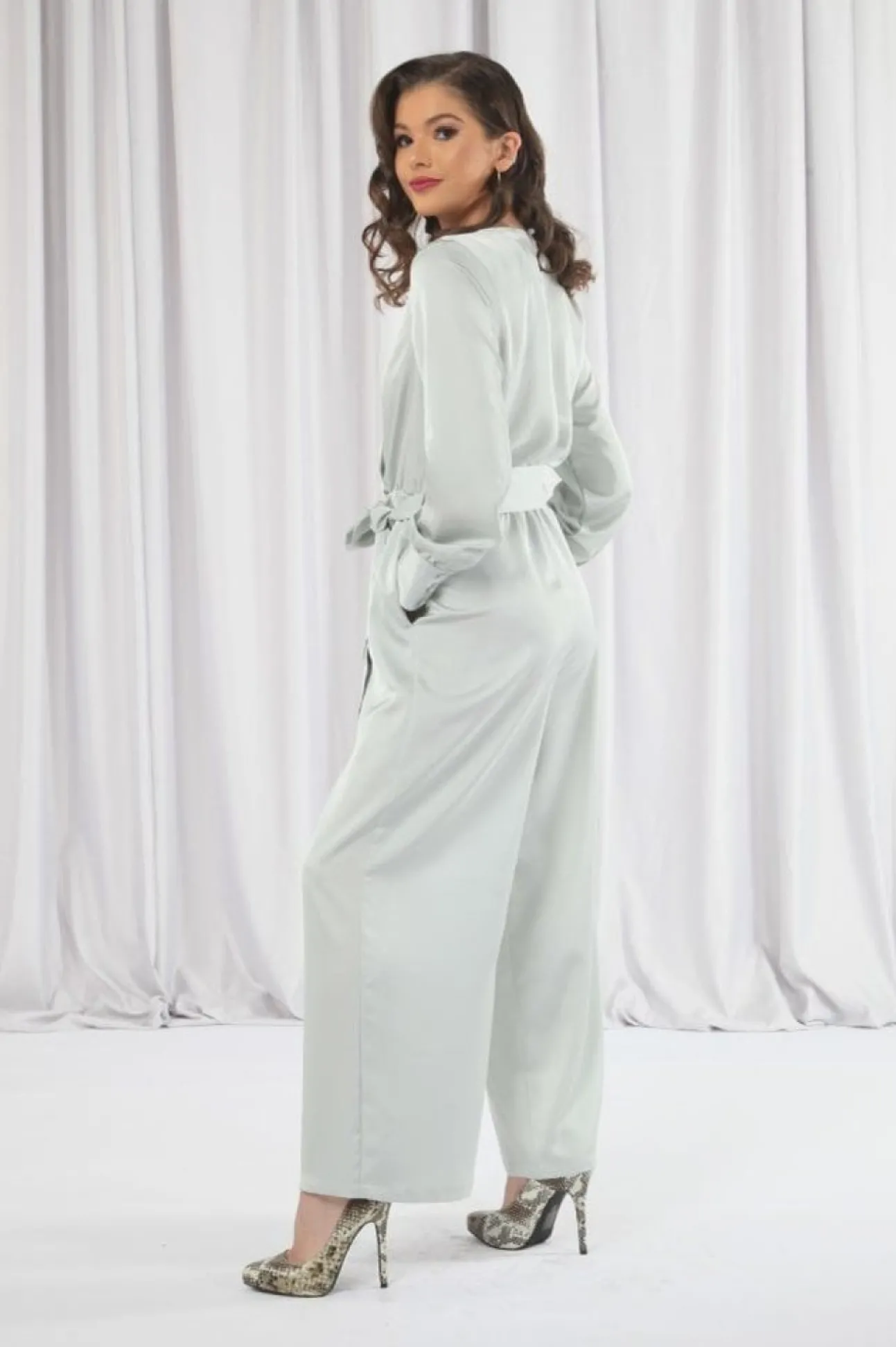 Women Double Second Sage Lux Satin Wrap Jumpsuit