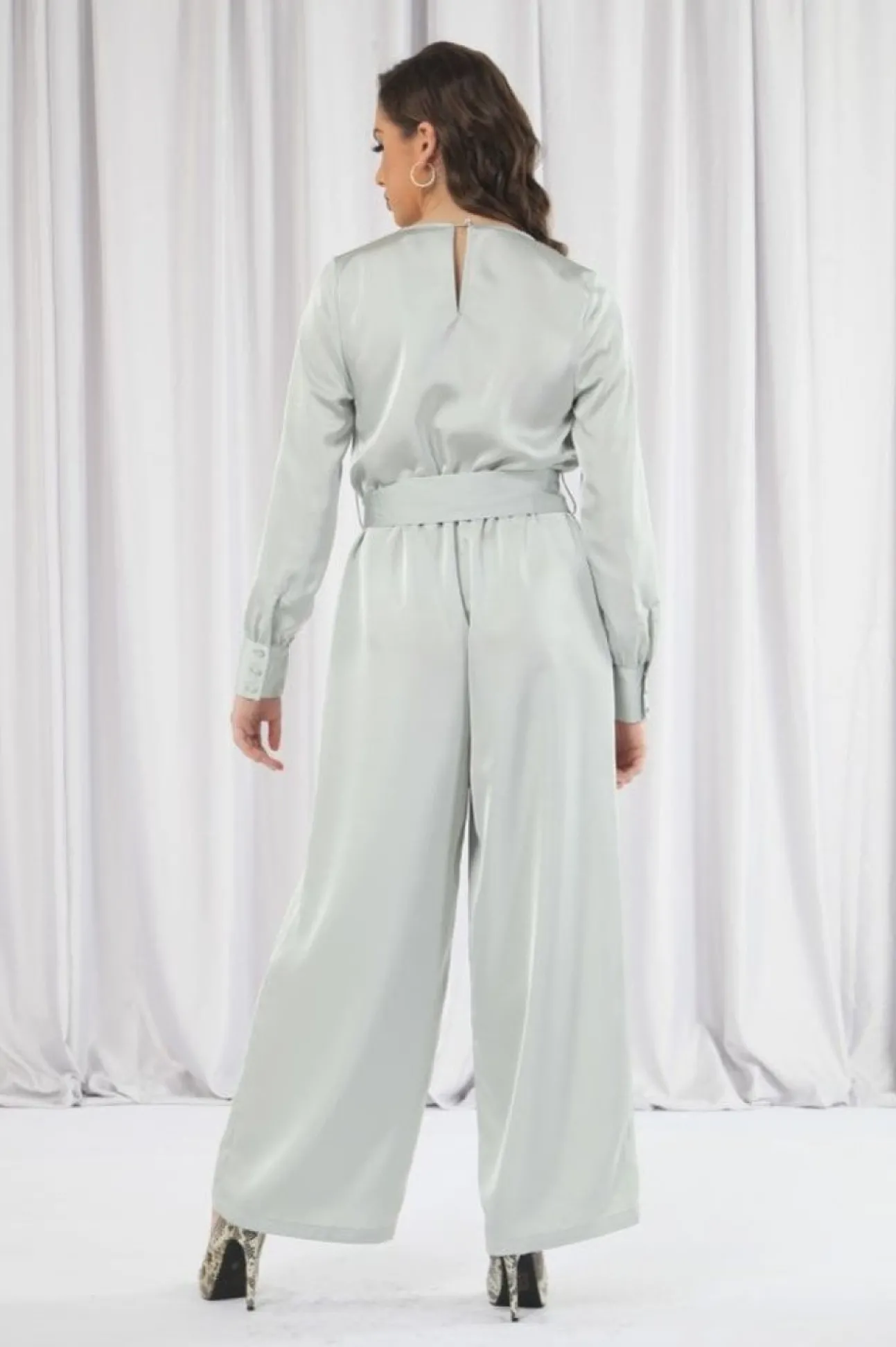 Women Double Second Sage Lux Satin Wrap Jumpsuit
