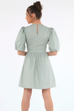 Women Double Second Sage Volume Sleeve Ruched Dress