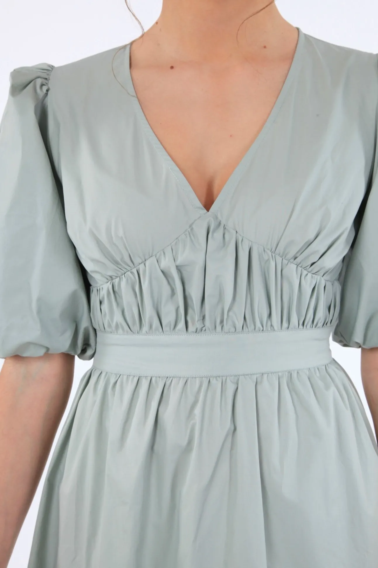 Women Double Second Sage Volume Sleeve Ruched Dress