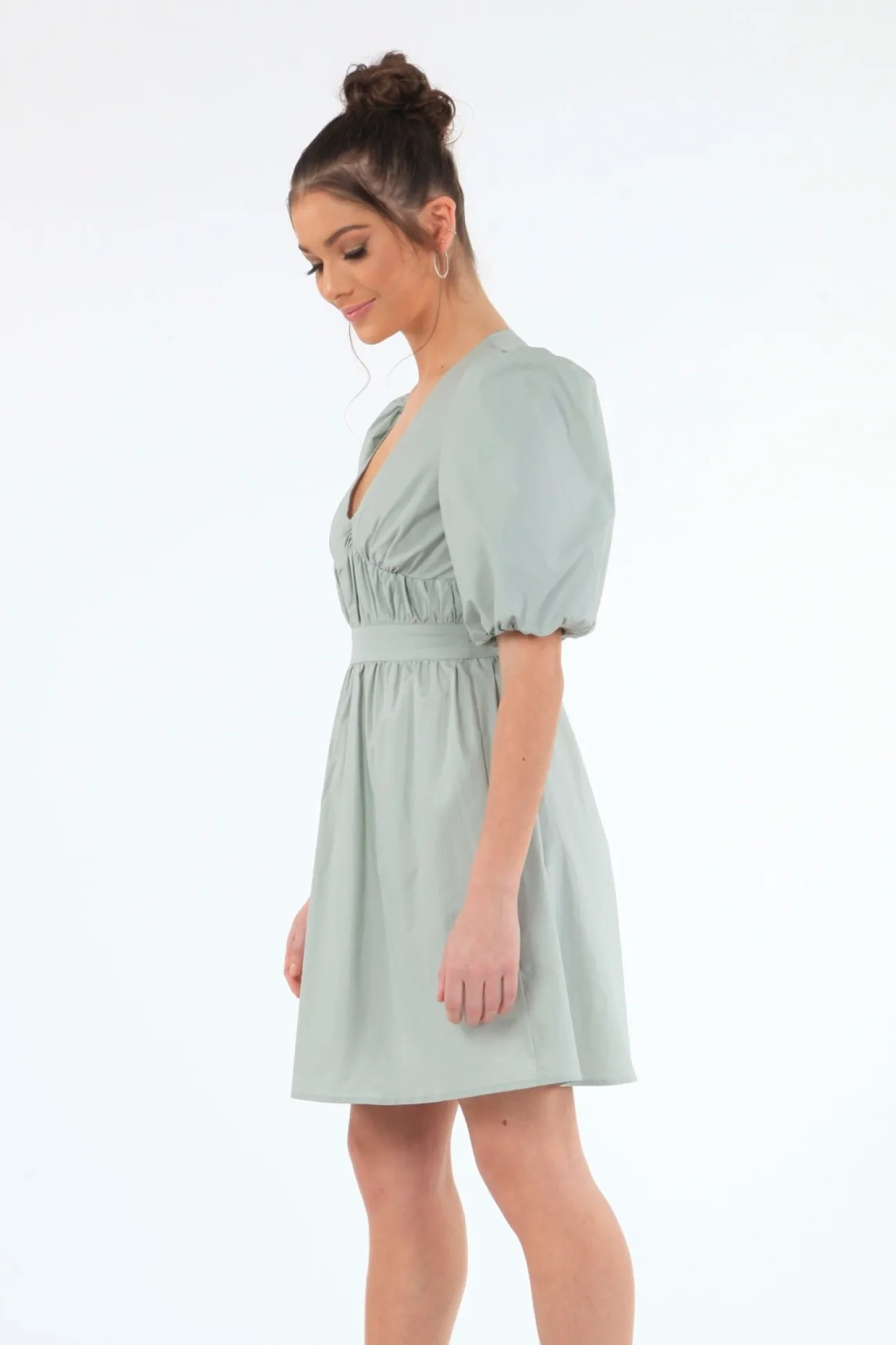 Women Double Second Sage Volume Sleeve Ruched Dress