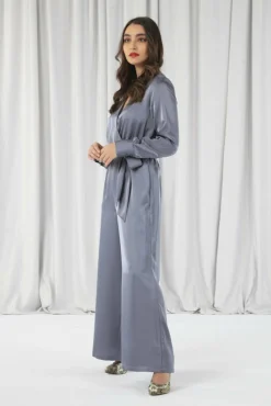 Women Double Second Silver/Blue Lux Satin Wrap Jumpsuit