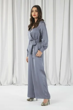 Women Double Second Silver/Blue Lux Satin Wrap Jumpsuit