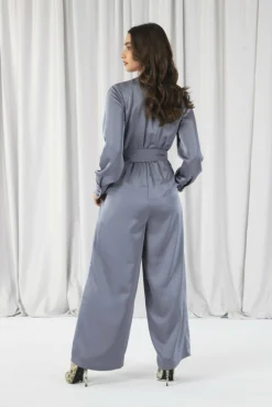 Women Double Second Silver/Blue Lux Satin Wrap Jumpsuit