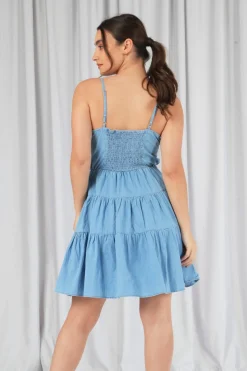 Women Double Second Tiered Strappy Chambray Dress