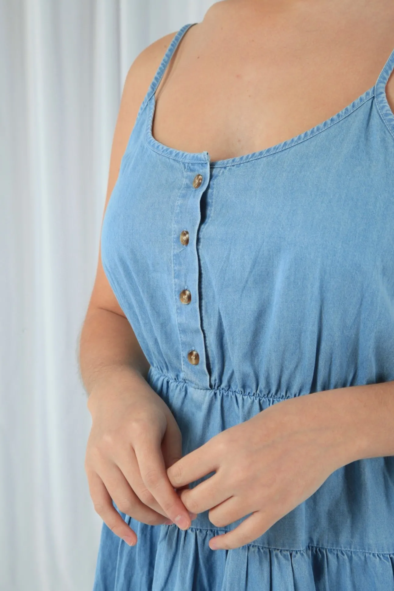 Women Double Second Tiered Strappy Chambray Dress