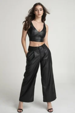 Women Double Second Vegan Leather Crop Top