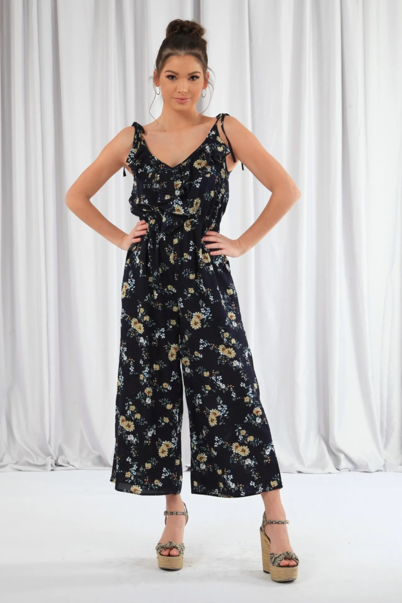 Women Double Second Wide Leg Jumpsuit With Frill Front