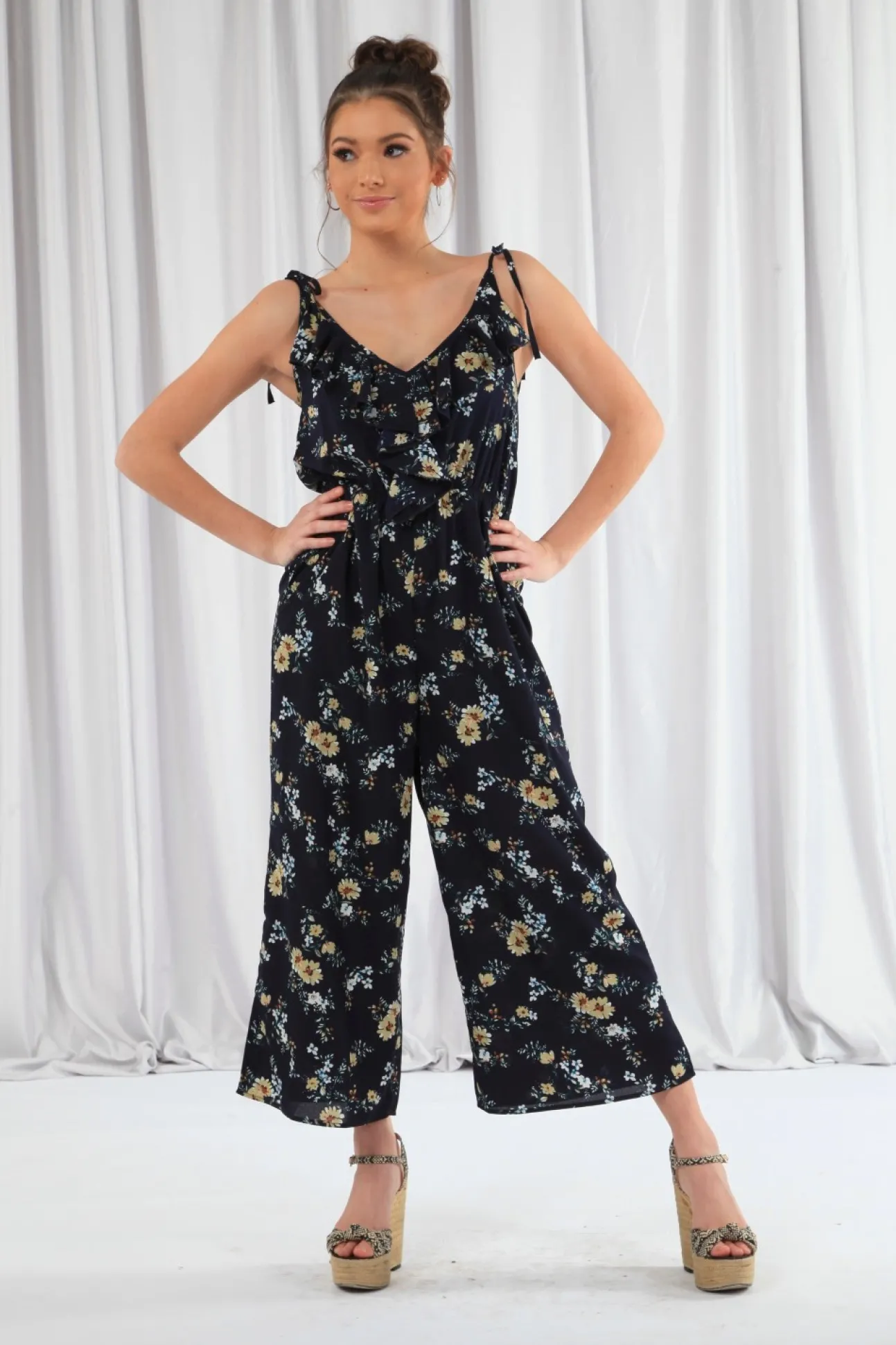 Women Double Second Wide Leg Jumpsuit With Frill Front