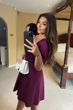 Women Double Second Wine Ruched Puff Sleeve Dress