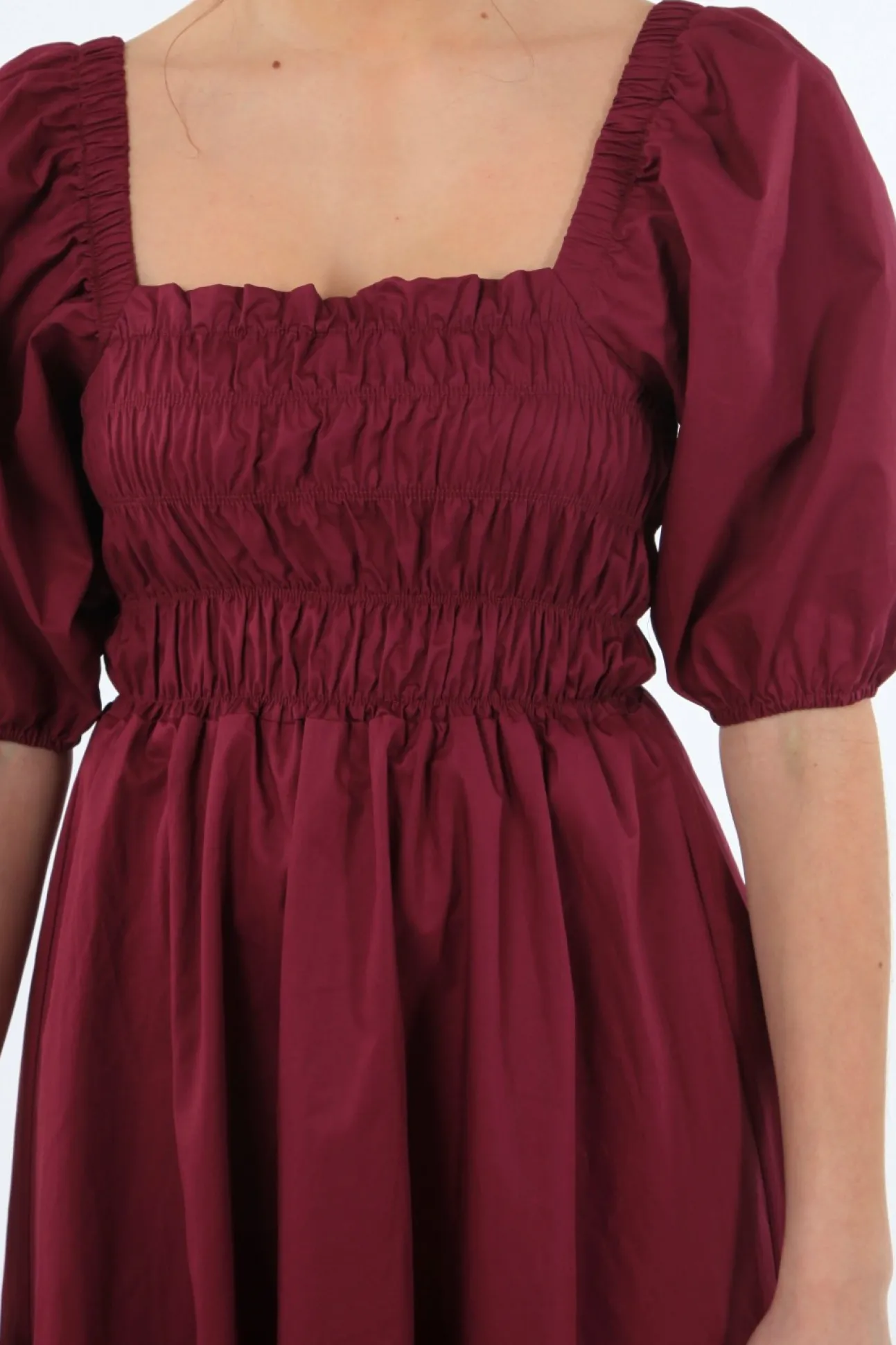 Women Double Second Wine Ruched Puff Sleeve Dress