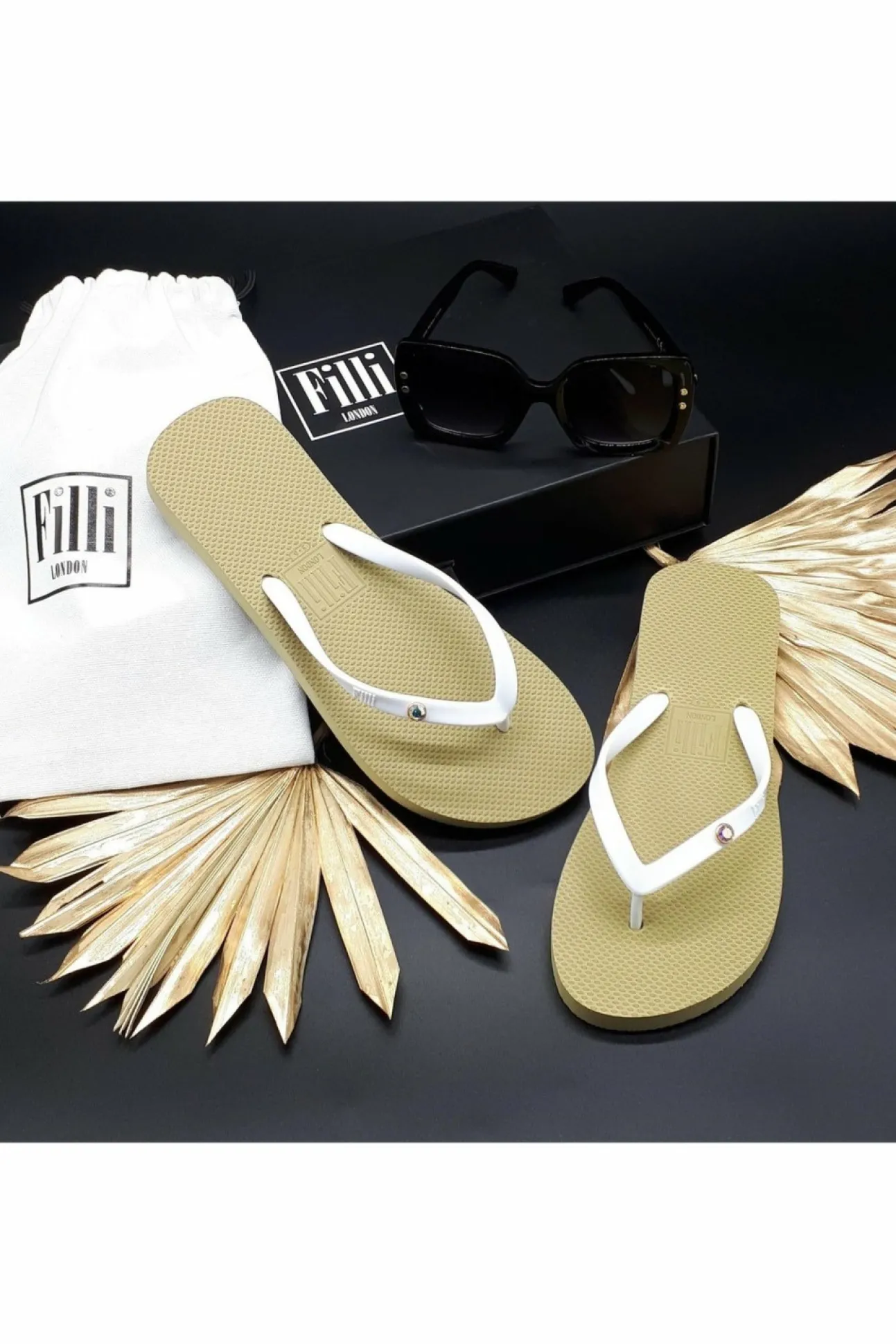 Women Filli London Aurora Crystal Luxury Flip Flops White On