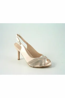 Women Glitz Shoes Sienna Diamante Peep Toe Sling Back Mid Heel