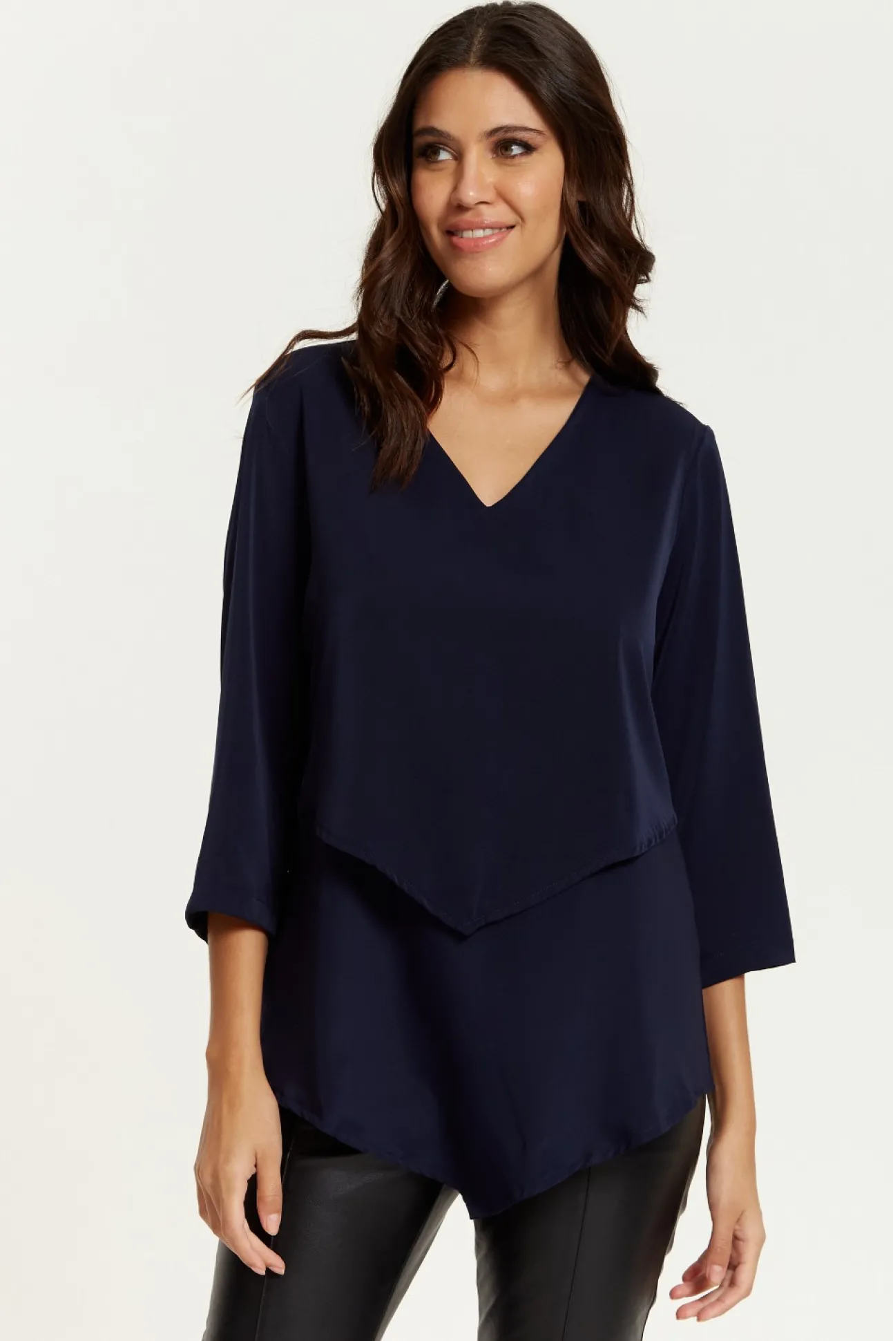 Women Hoxton Gal 3/4 Sleeves V Neck Layered Relaxed Fit Top