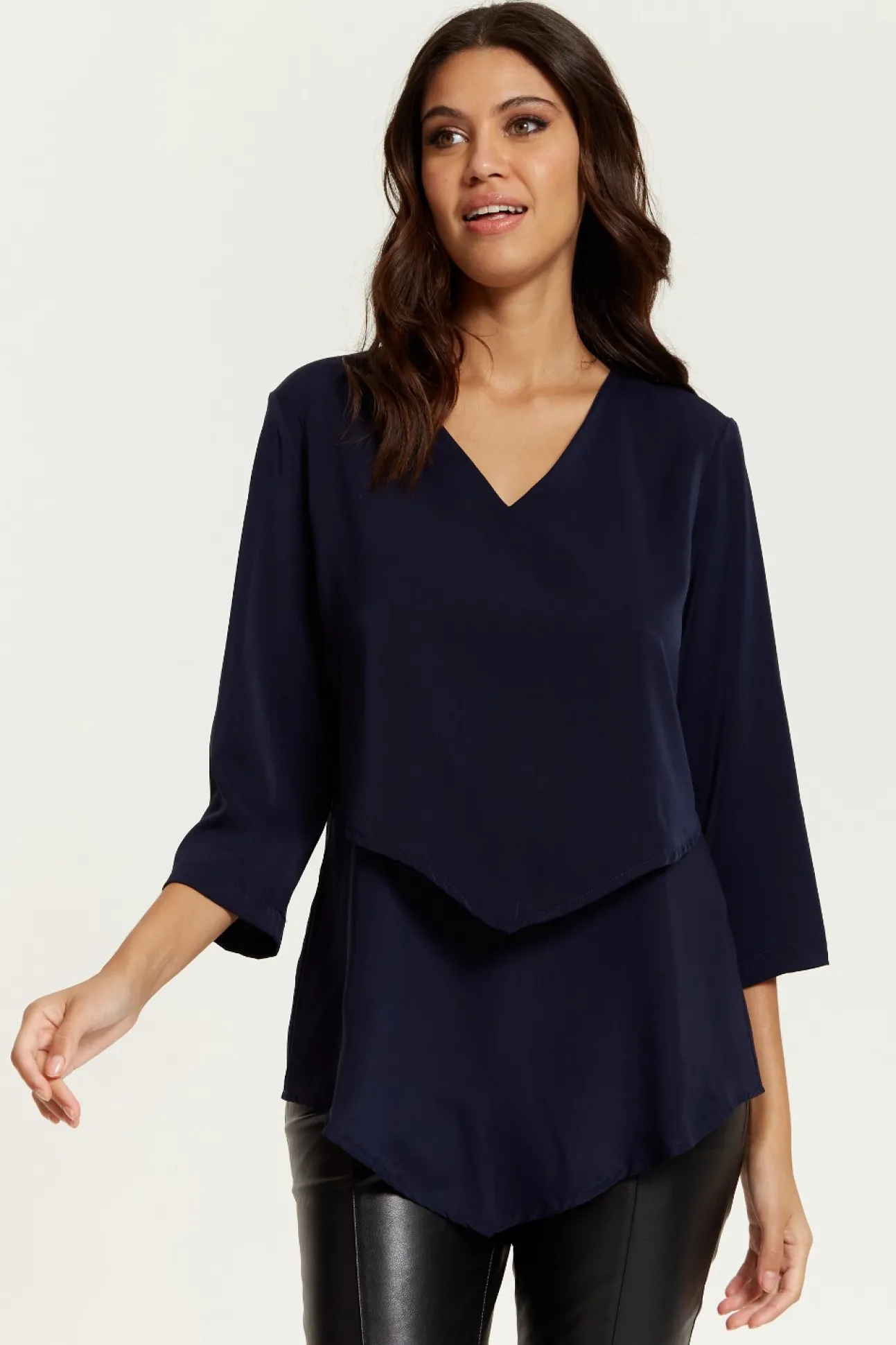 Women Hoxton Gal 3/4 Sleeves V Neck Layered Relaxed Fit Top