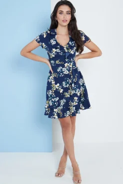 Women Lilura London Blue Floral Wrap Frill Dress
