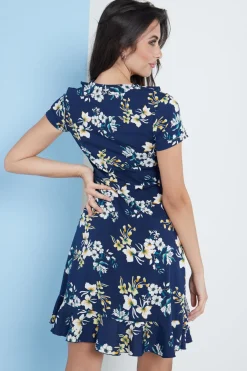 Women Lilura London Blue Floral Wrap Frill Dress