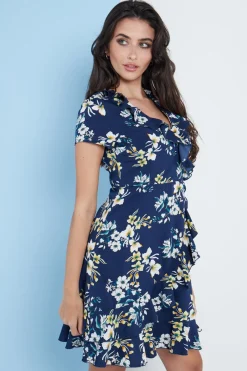 Women Lilura London Blue Floral Wrap Frill Dress