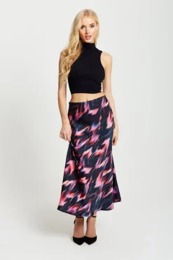 Women Liquorish Abstract Ikat Print Midi Skirt In Black And Pink
