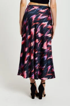 Women Liquorish Abstract Ikat Print Midi Skirt In Black And Pink