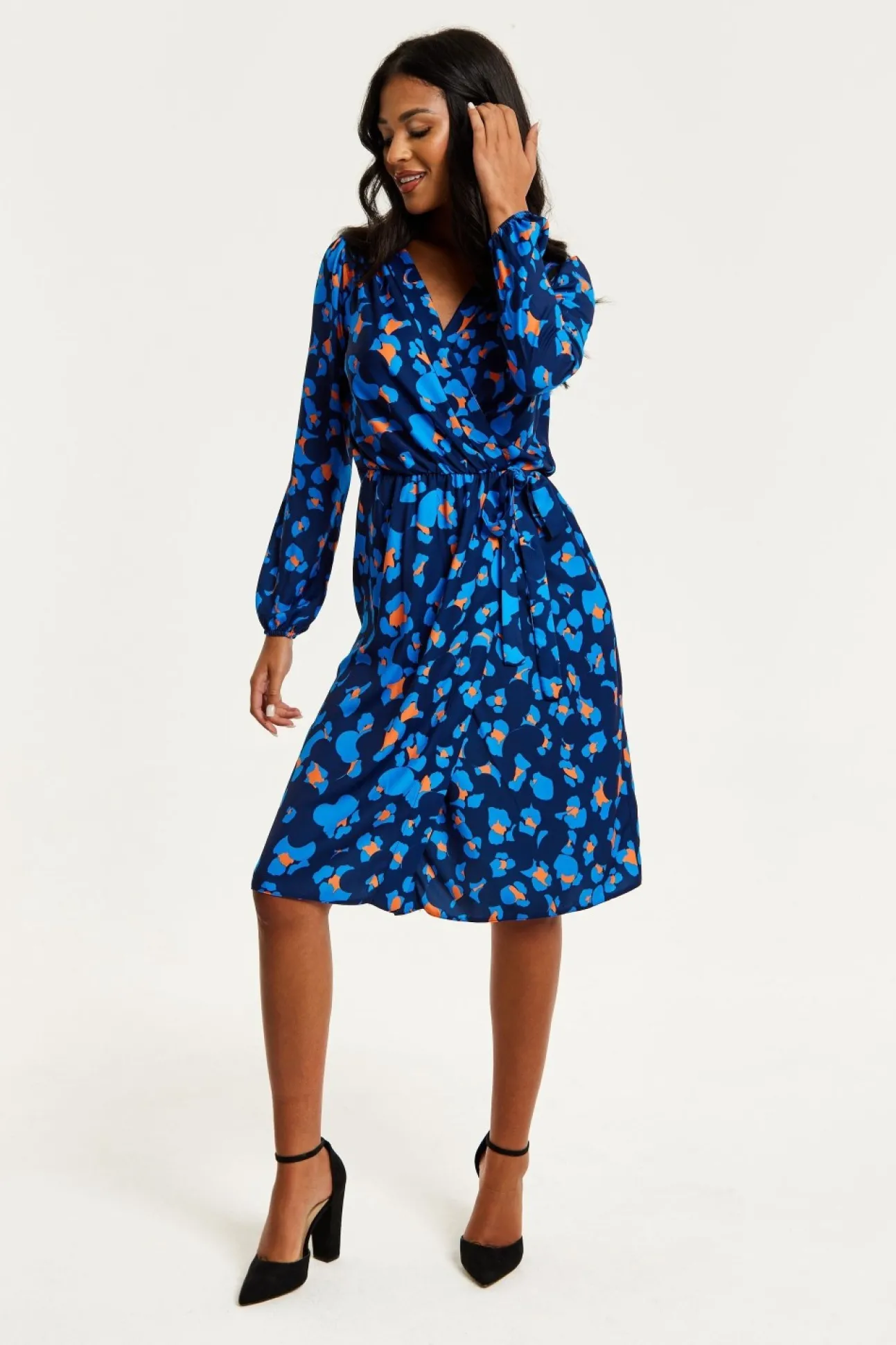 Women Liquorish Abstract Print Midi Fake Wrap Dress