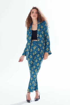 Women Liquorish African Print Suit Blazer In Blue, Yellow & Navy